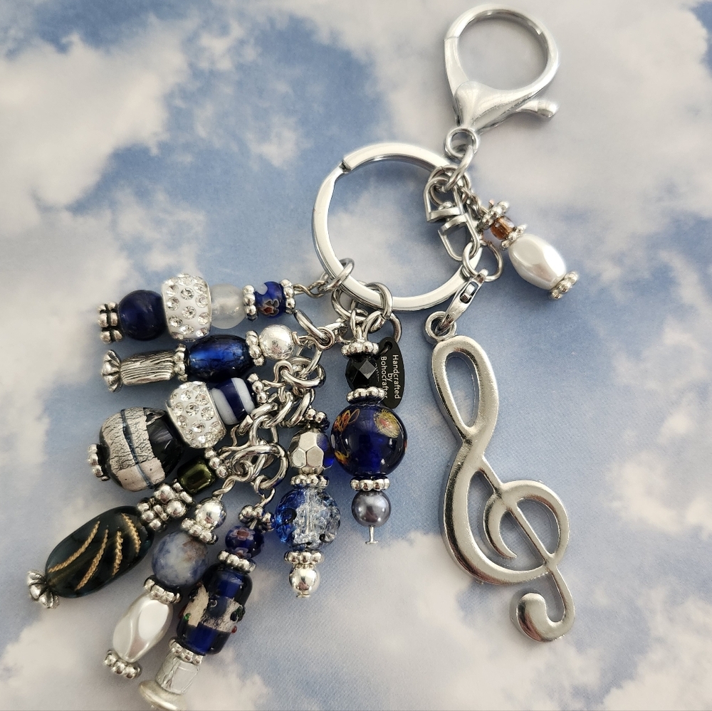 Music Treble Clef Purse Charm or Keychain Handcrafted Glass Metal Rondels